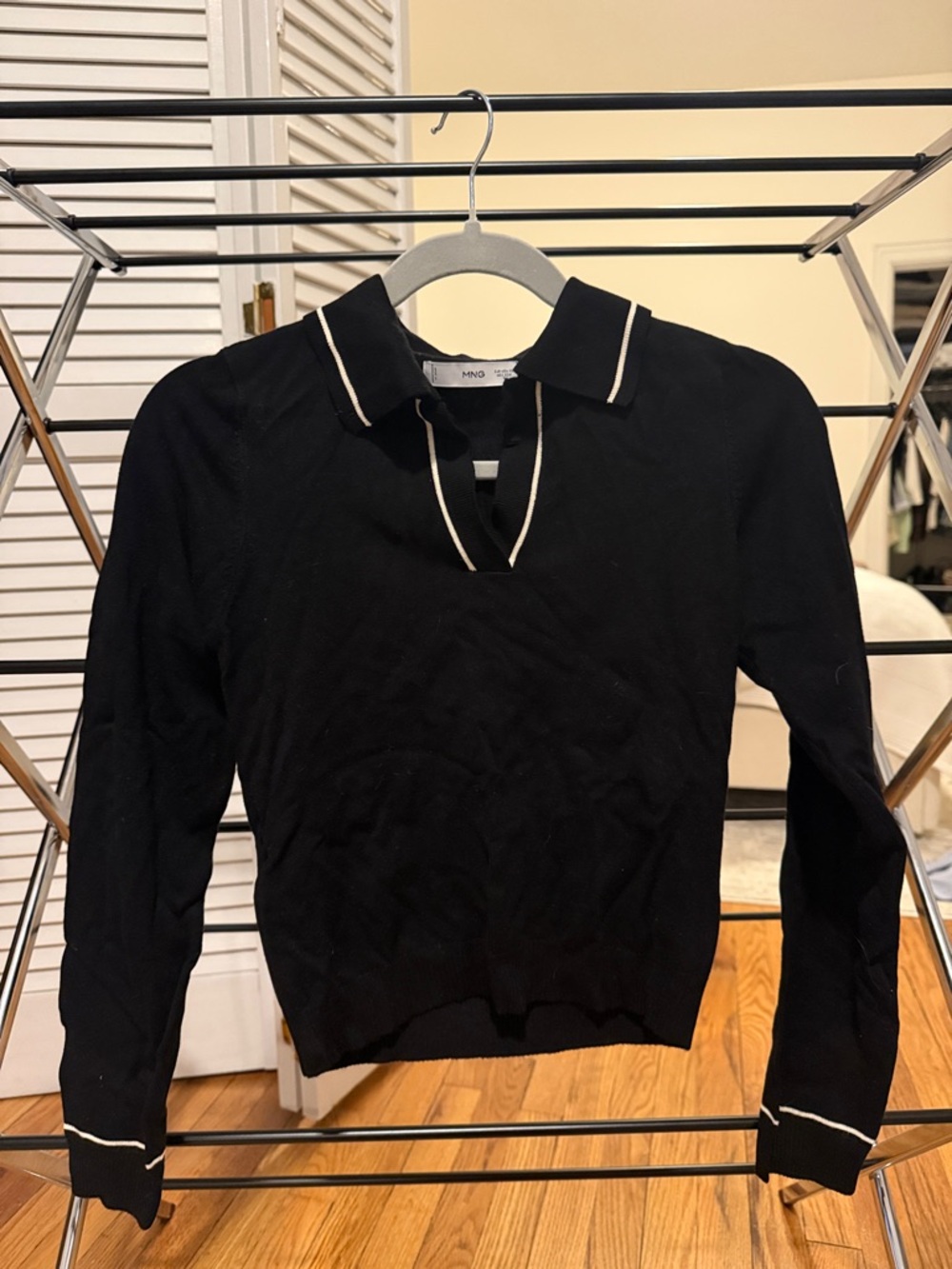 Mango Black V-Neck Polo Sweater with White Trim
